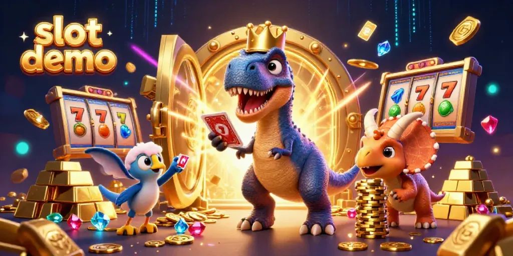 Demo slot interaktif dengan T-Rex lucu dan banyak simbol permainan dalam latar belakang emas.