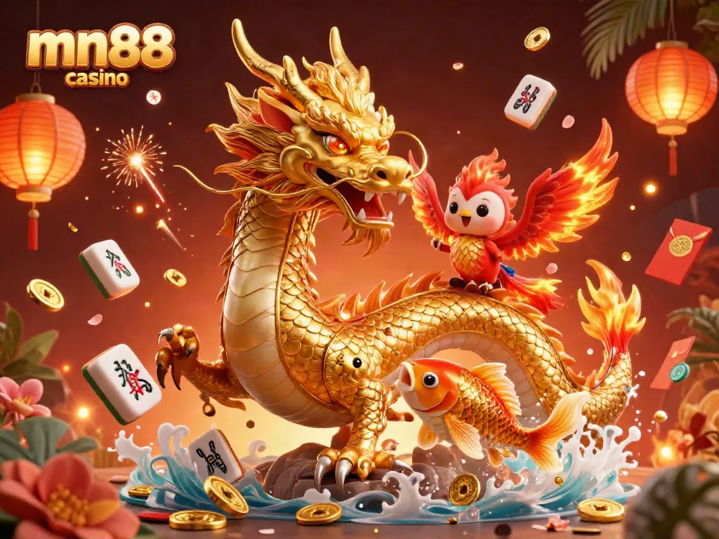 Experience the adventures of mn88 casino with a golden dragon and phoenix soaring amidst a bounty of coins