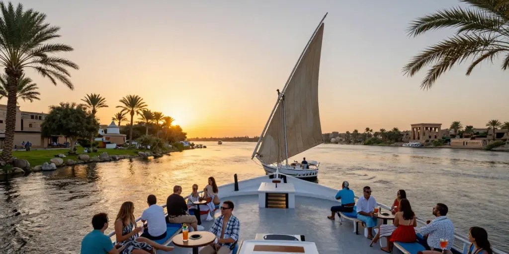 Travelers enjoying a Dahabiya Nile cruise at sunset, showcasing serene river views and luxury.