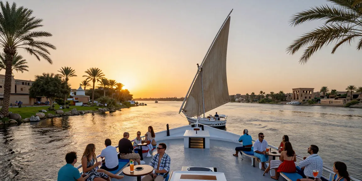 Travelers enjoying a Dahabiya Nile cruise at sunset, showcasing serene river views and luxury.