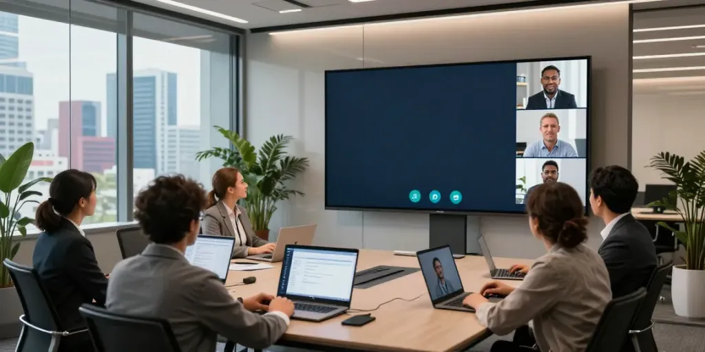 Deepfake protected Online Video Calls, Meetings and Conferencing in a corporate setting featuring a team using security software during a virtual meeting.