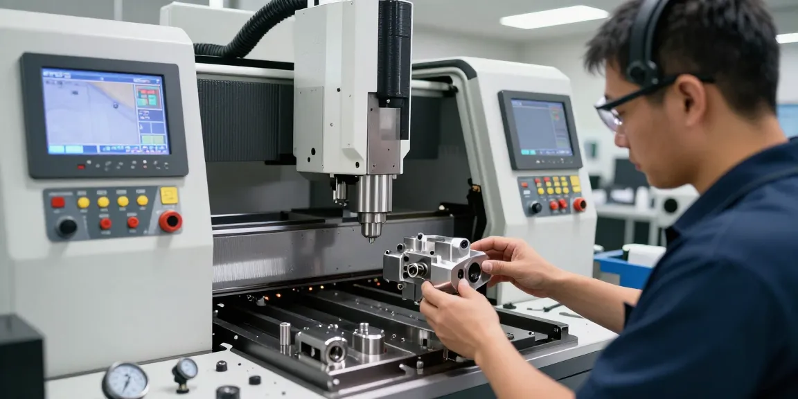Precision CNC machining supplier technician inspecting a metal component in a modern workshop