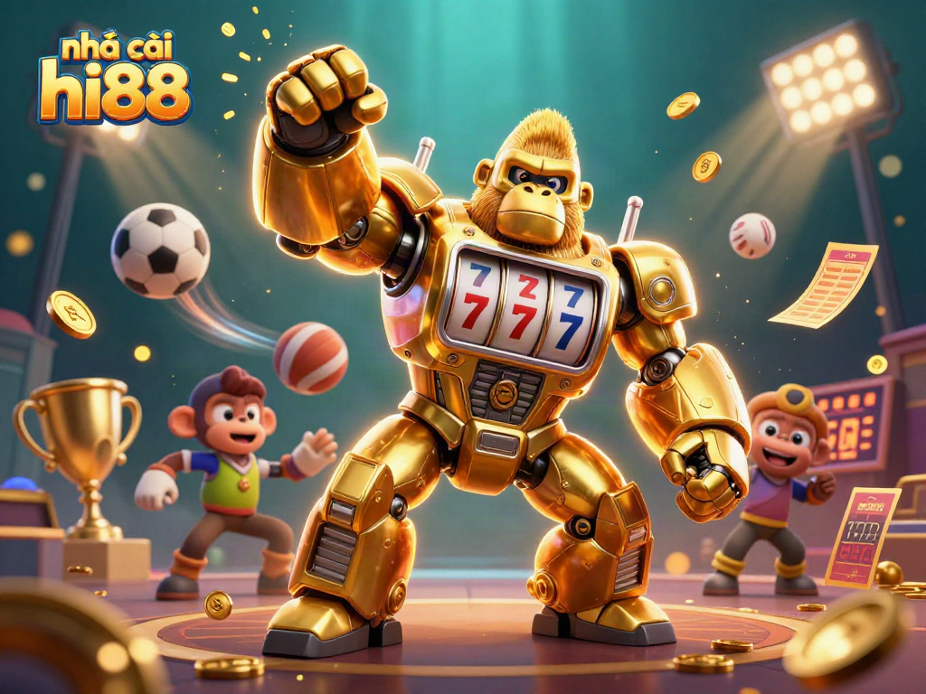 Engage with nhà cái hi88 casino excitement showcasing a golden gorilla mech and flying sports balls.