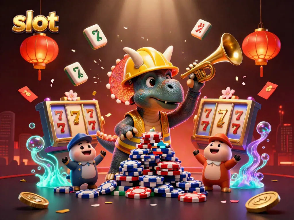 Spin the slot reels with a dynamic casino celebration featuring dinosaur characters and vibrant decorations.