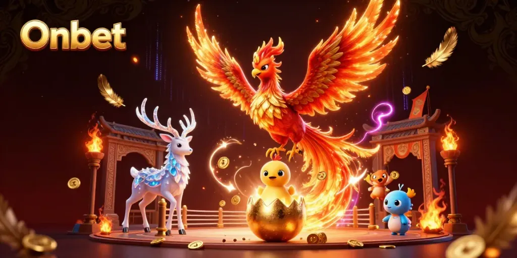 Immerse in the Onbet gaming world with vibrant phoenix and mystical stag amid dynamic casino elements.