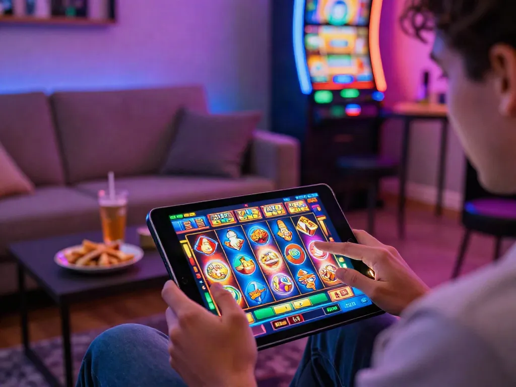 Enjoying a slot online game in a vibrant home casino atmosphere with exciting graphics.