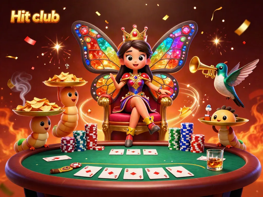 Experience the excitement of the Hit club with a vibrant carnival scene featuring a majestic queen and dynamic poker elements.