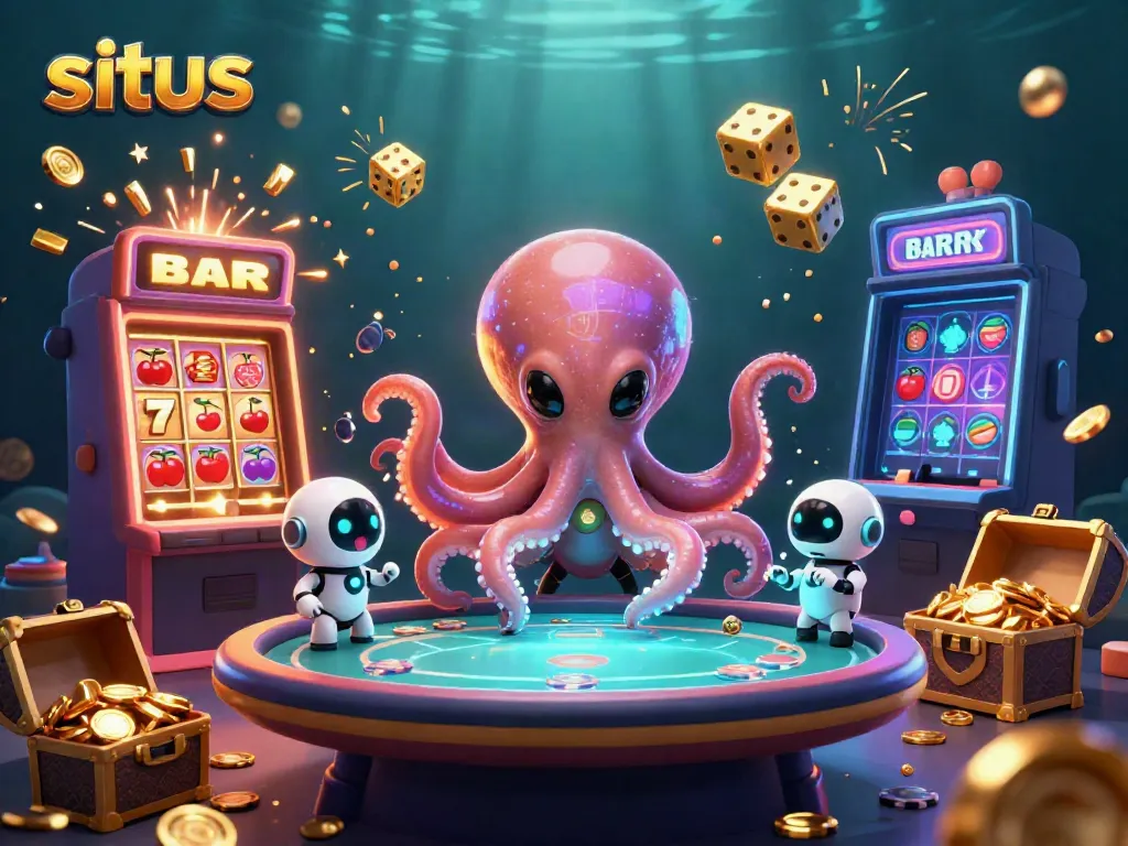 Engage with thrilling casino gameplay concepts at situs, featuring vibrant scenes of a cartoon alien octopus and dynamic poker action.