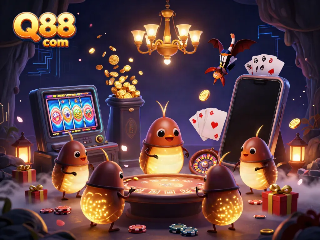 Experience Q88 com's vibrant casino atmosphere with glowworms illuminating games and excitement.