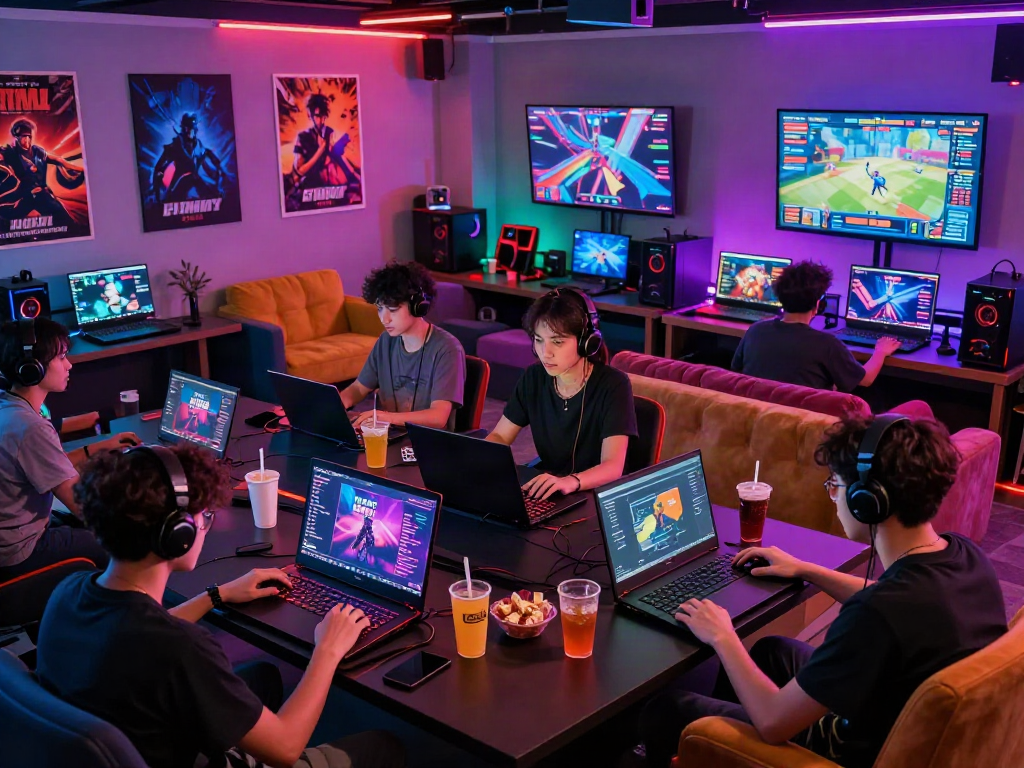 Engaging scene of gamers enjoying html porn games in a vibrant lounge, showcasing dynamic interactions and colorful design elements.