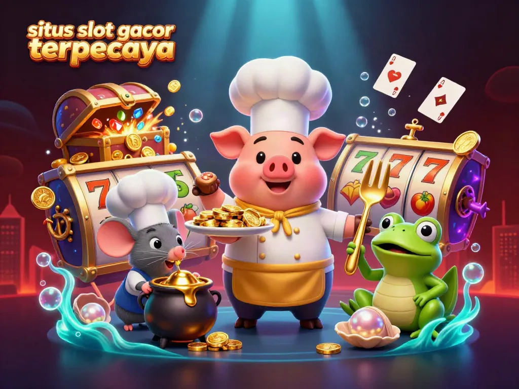 Experience the thrill of situs slot gacor terpercaya with a vibrant scene featuring a cartoon chef pig and friends.