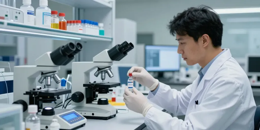 Testagen for sale in a professional laboratory scene, highlighting scientific research with precision instruments.