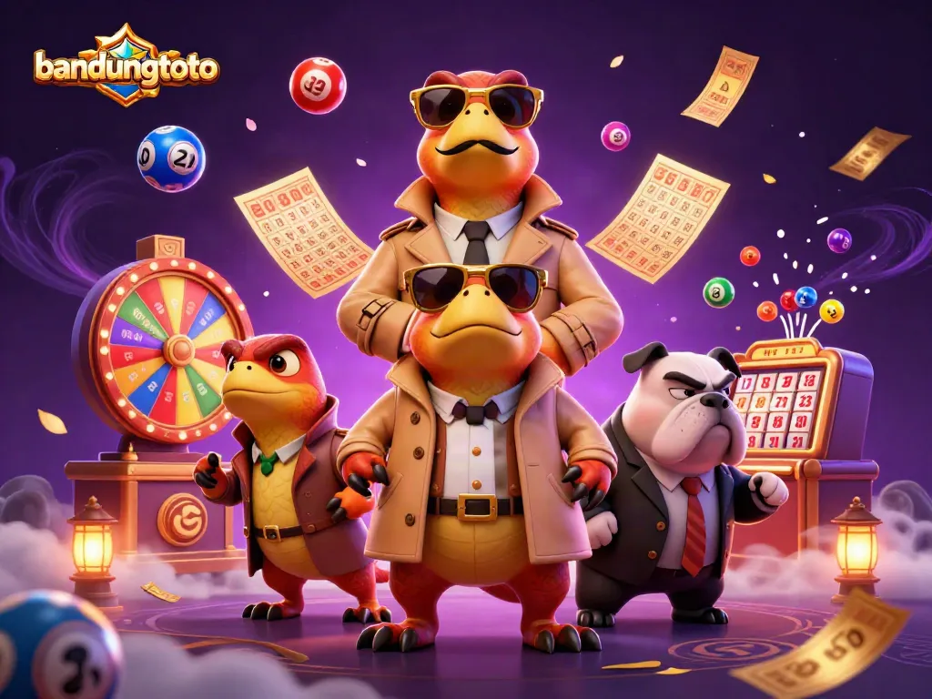 Engage with bandungtoto's colorful lottery experience featuring raptors in a trench coat at a casino.