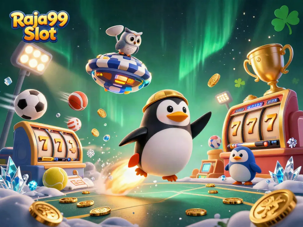 Aksi menarik di Raja99 Slot dengan penguin emas luar angkasa dan jackpot berkilau.
