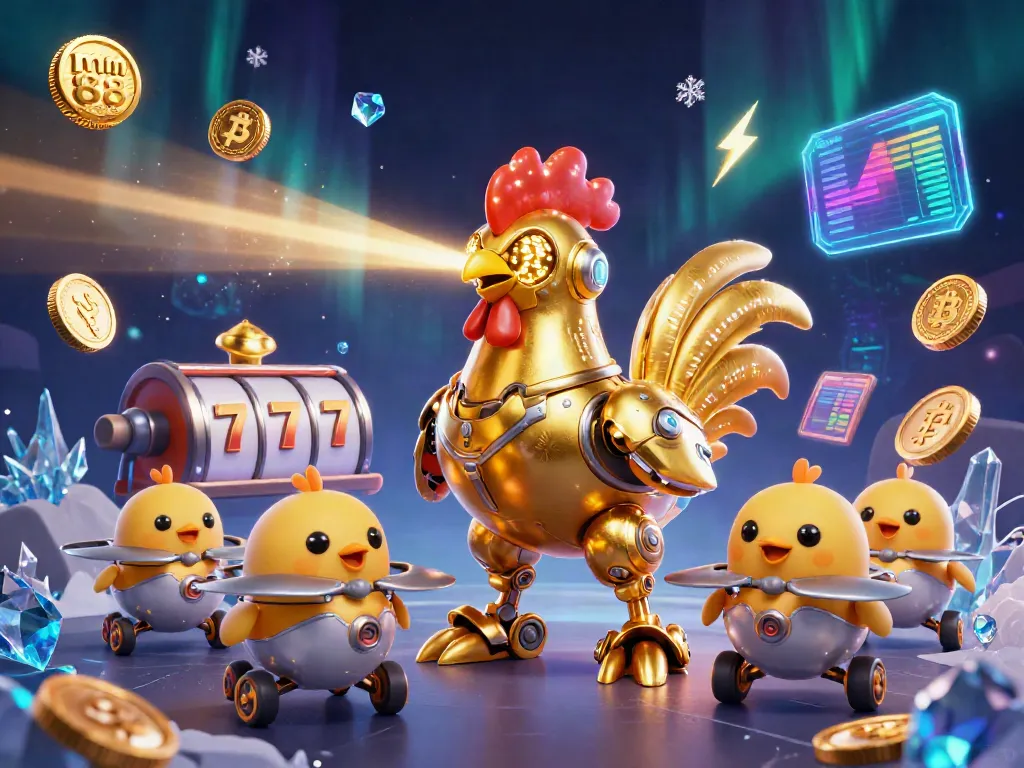 Experience excitement at mm 88 with the golden rooster robot and cheerful drones amidst spinning slot reels and Bitcoin coins.