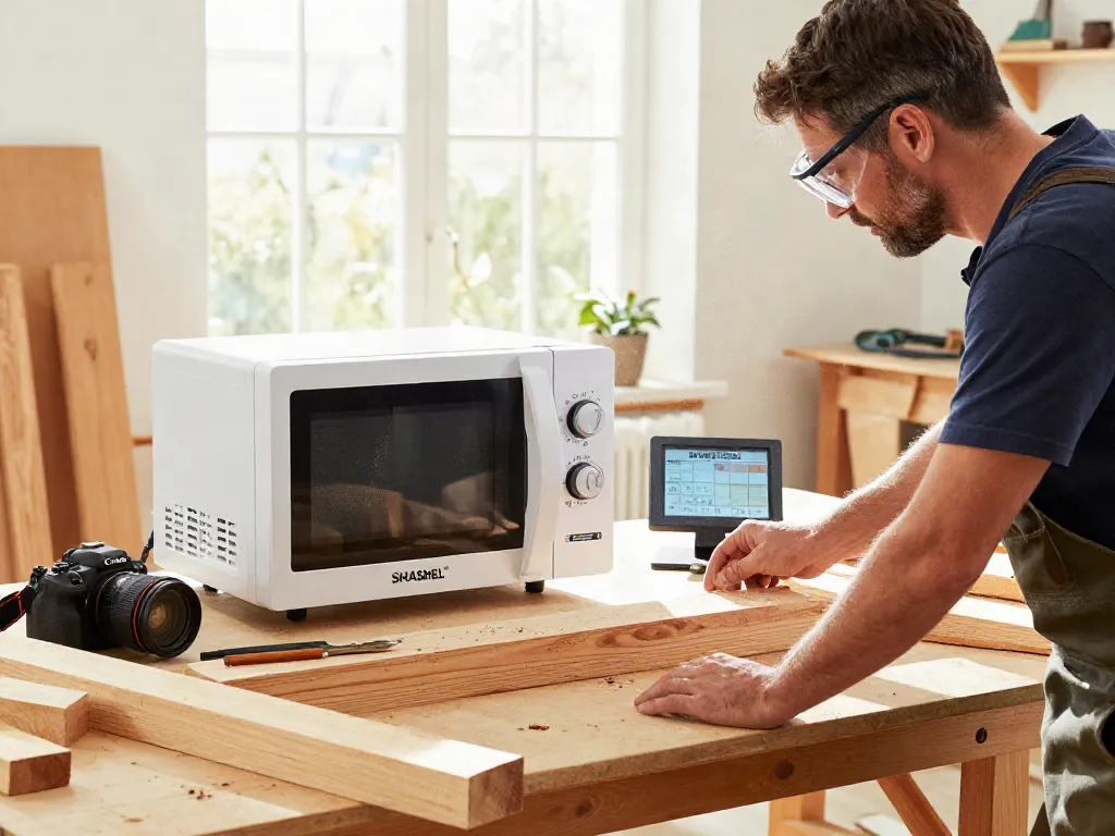 SHASHEL® microwave device effectively eliminating woodworms in a home workshop environment.