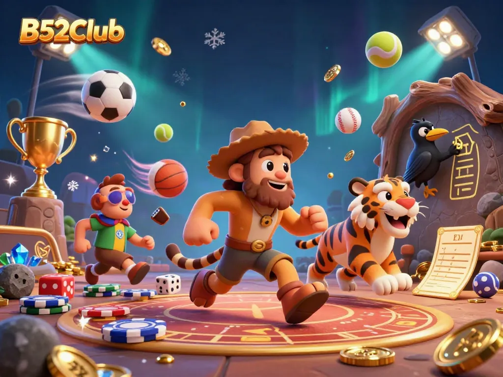 B52Club offers immersive online gaming experiences with dynamic scenes of cavemen, tigers, and vibrant betting elements.