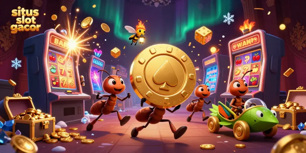 Tim semut 3D dan karakter kasino dalam ilustrasi situs slot gacor yang seru.