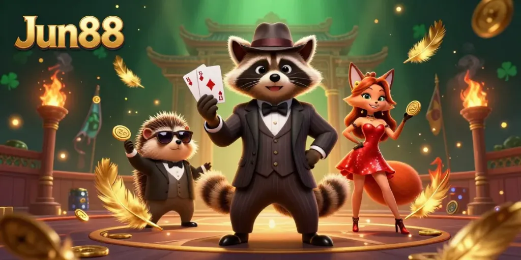 Experience thrilling moments at Jun88 with raccoon and fox characters among casino elements.