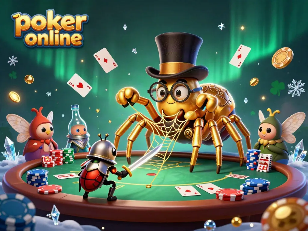 Permainan poker online yang menarik dengan karakter unik dan simbol kasino yang berkilau.