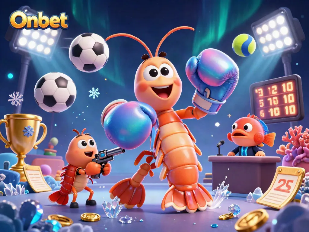 Onbet showcases vibrant gambling action with cartoon mantis shrimp and sports elements for online gaming.