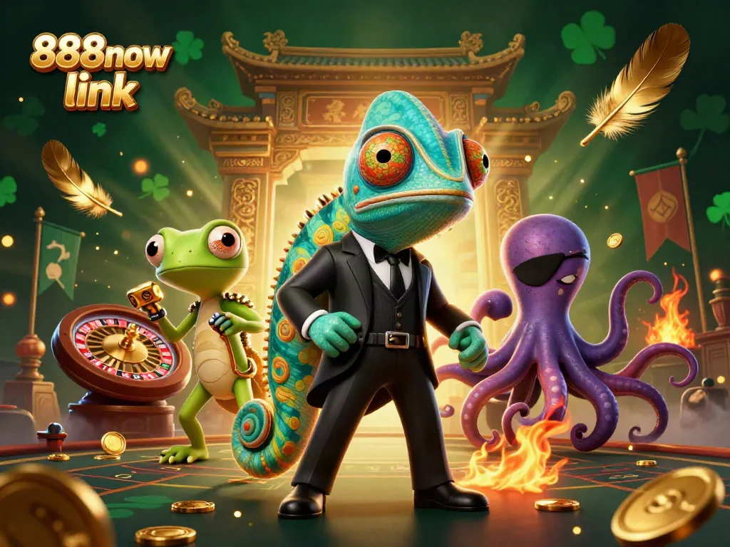 Experience gaming excitement at 888now link with vibrant characters, casino elements, and dramatic effects.
