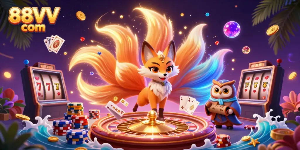 Experience thrilling casino action with 88VV com's vibrant 3D illustration featuring colorful characters and dynamic game elements.