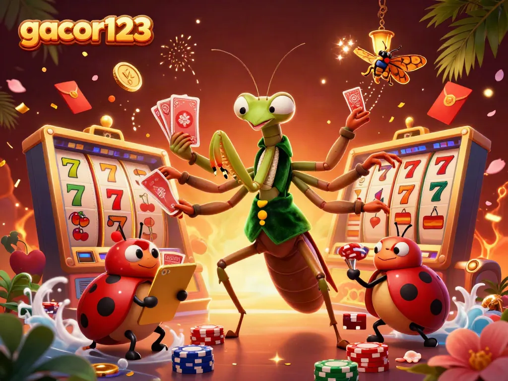 Experience the excitement of gacor123 with a dynamic illustration of a cartoon mantis card sharp and a ladybug pit boss amidst spinning slot reels and festive decorations.