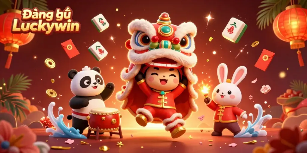 Experience the excitement of Đăng ký Luckywin with this captivating illustration of festive characters and dynamic elements.