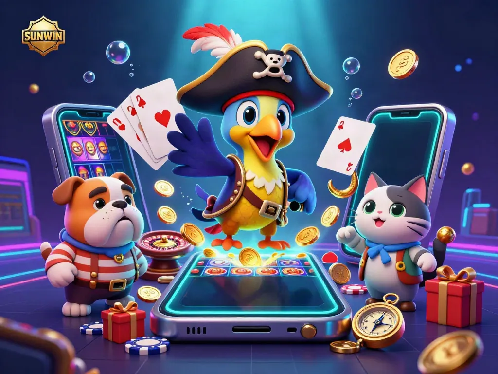 SUNWIN features an engaging casino scene with a pirate captain, bulldog, and cat around a smartphone with slot games and poker elements.