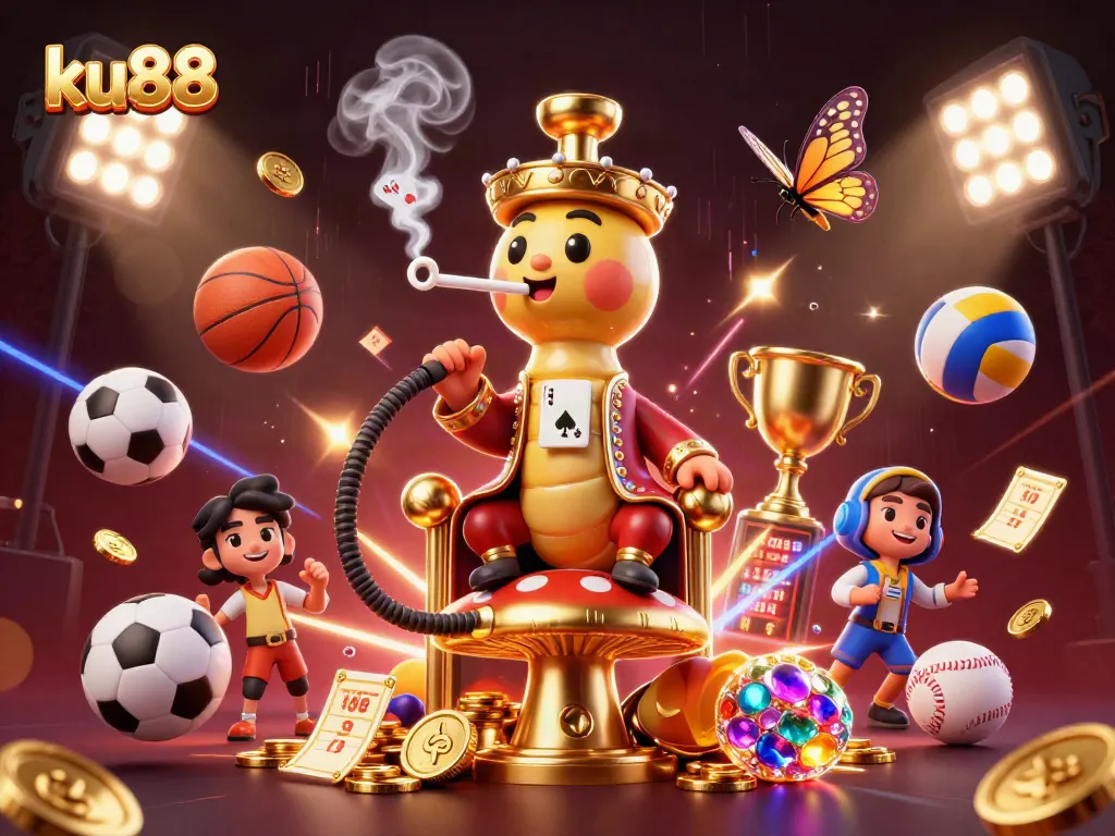 Engage in thrilling gaming at ku88 with a lively scene showcasing poker symbols and sports betting action.