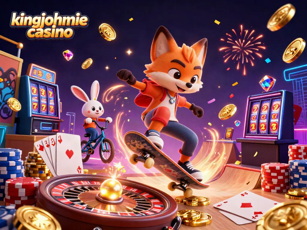 Engaging scene of kingjohnnie casino with a skateboarder fox and BMX rabbit amidst casino symbols and dynamic elements.