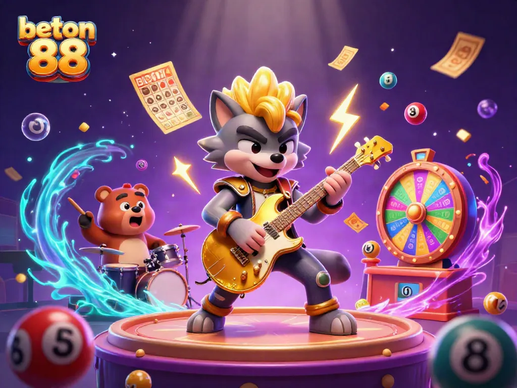 Gimkan keseruan bermain di beton 88 dengan ilustrasi menakjubkan rock star serigala dan beruang drummer di panggung kasino.