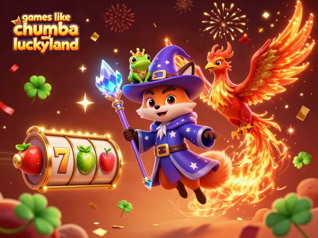 Engage with games like Chumba and LuckyLand at a vibrant casino scene featuring magical characters and slot elements.