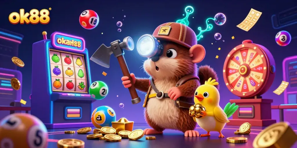 Spin the reels with ok88 in a vibrant casino scene featuring a treasure hunter mole and lottery elements.