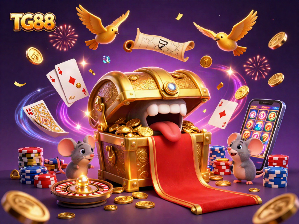 Experience big wins with TG88: a vibrant casino scene featuring golden treasures and dynamic game elements.