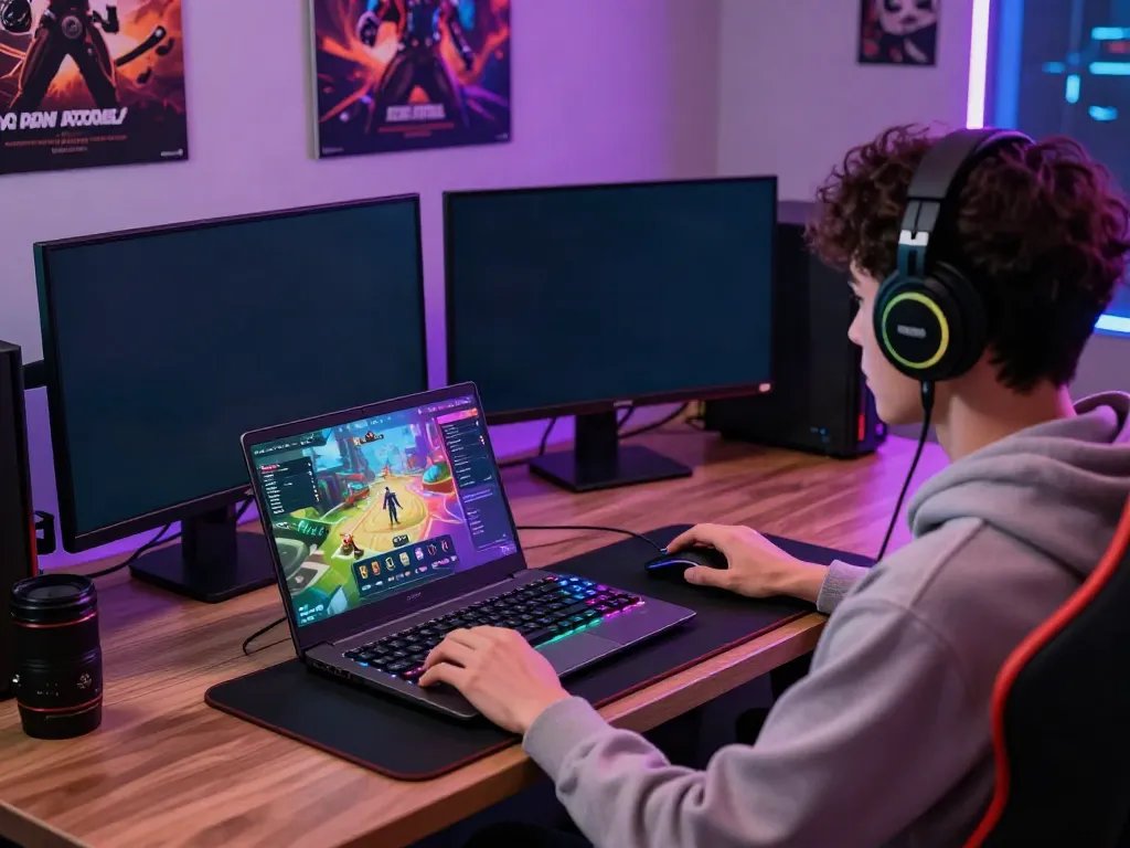 Dewatogel user engaged in thrilling online gaming atmosphere with vibrant interfaces and gaming gear.