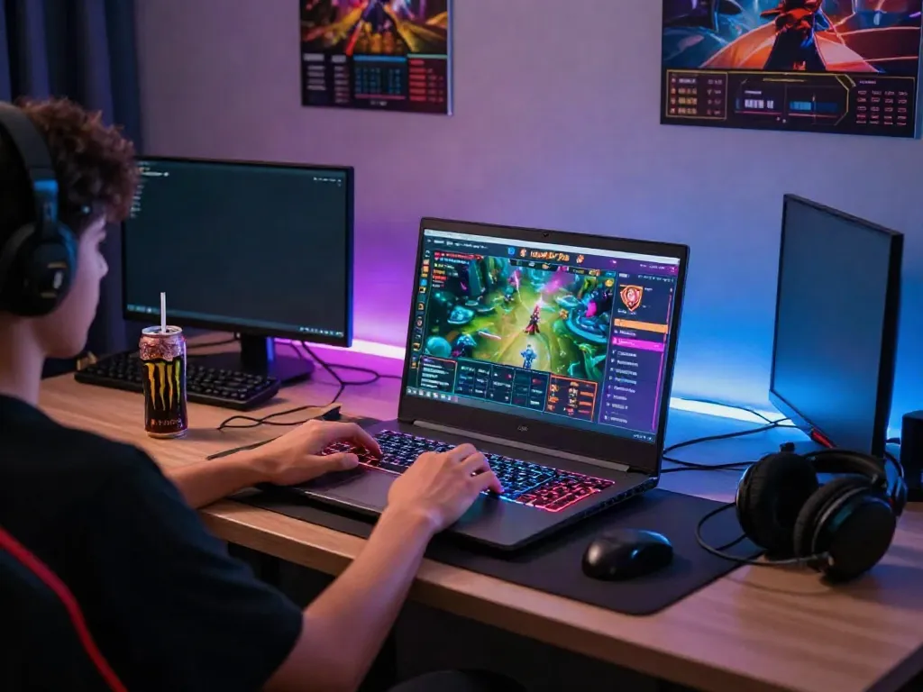Engaging hargatoto online gaming scene featuring a user at a vibrant gaming setup.
