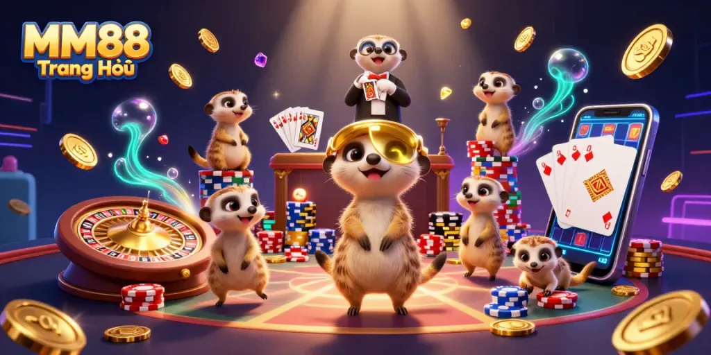 Experience MM88 Trang Chủ with a vibrant casino scene featuring meerkats amidst cascading coins and a roulette wheel.