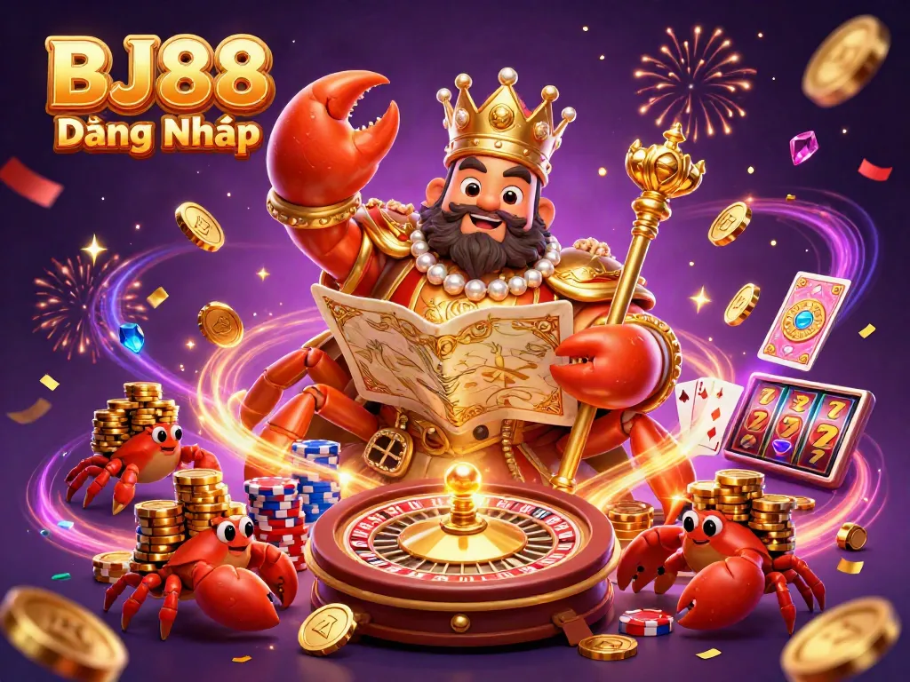 Experience BJ88 Đăng Nhập with a lively 3D casino scene featuring gold coins and vibrant gaming elements.