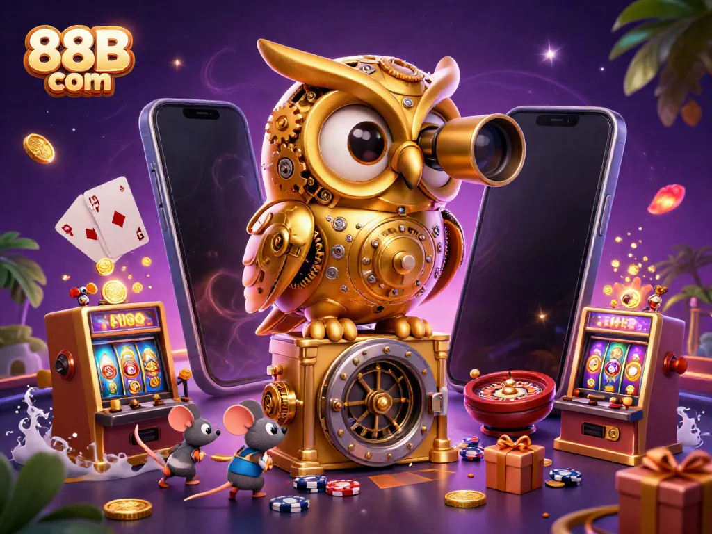 Experience the excitement of 88B com with vibrant casino action featuring an owl and slot machines.