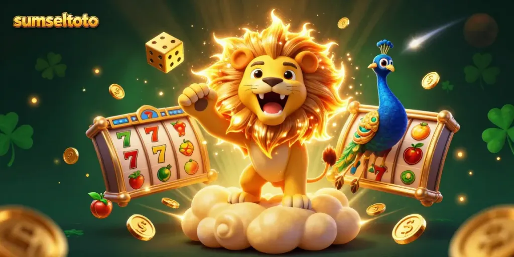 Experience winning at sumseltoto with thrilling slot games featuring a roaring sun lion and dynamic casino elements.