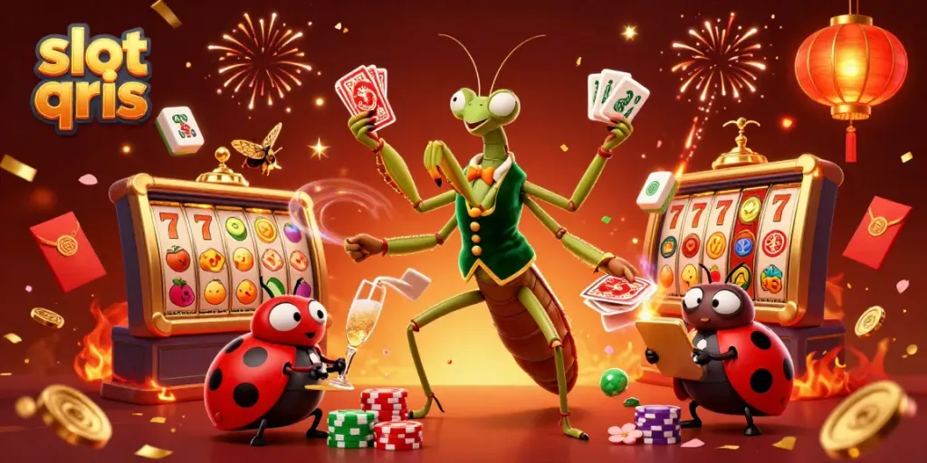 Experience the excitement of slot qris with detailed characters and elements in a dynamic casino scene.