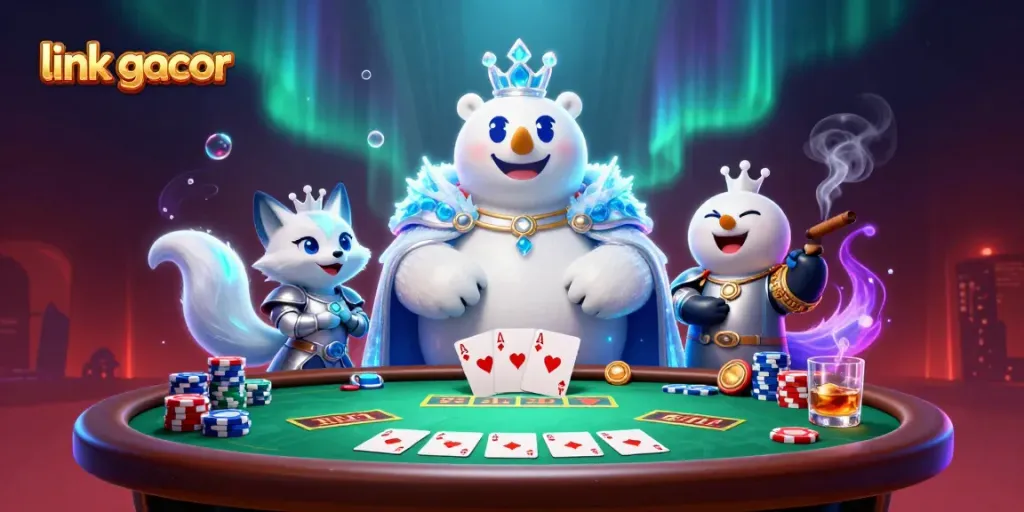 Experience thrilling gameplay with the vibrant link gacor scene featuring a polar bear and fox in an exciting poker match.