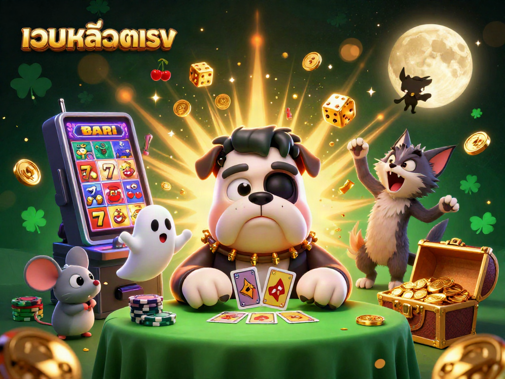 Engage with เว็บสล็อตตรง as a Frankenstein bulldog monster deals cards with vibrant casino elements.