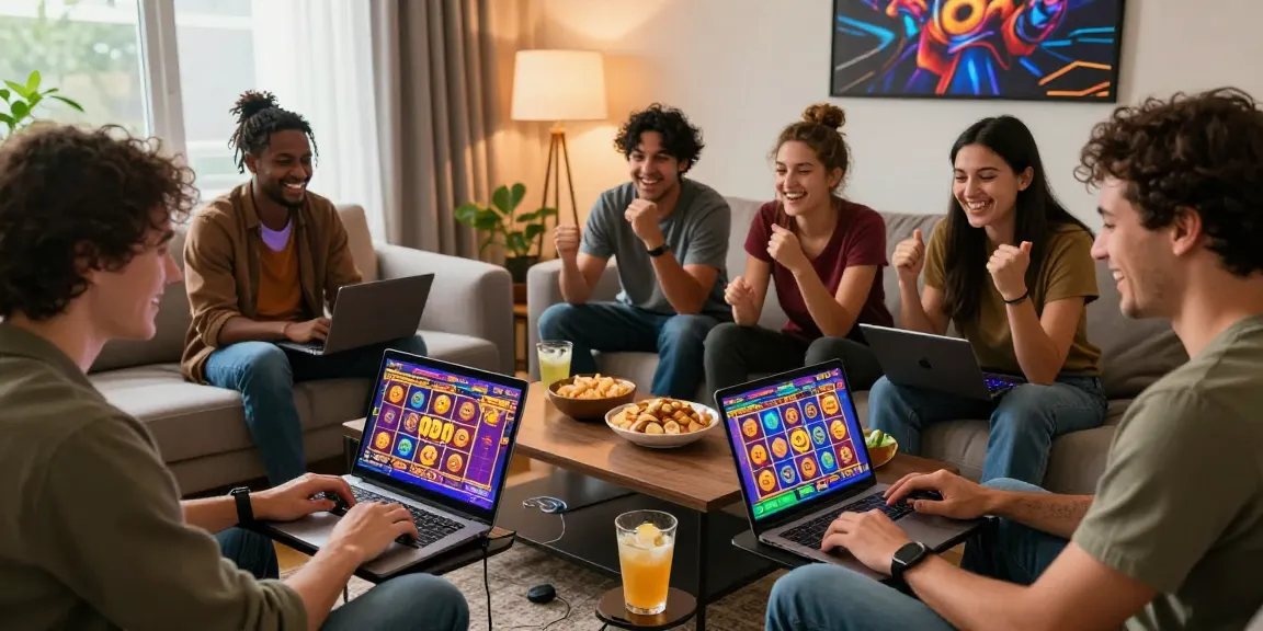 Friends enjoying bandar slot games in a cozy living room, engaging with vibrant online slots on multiple devices.