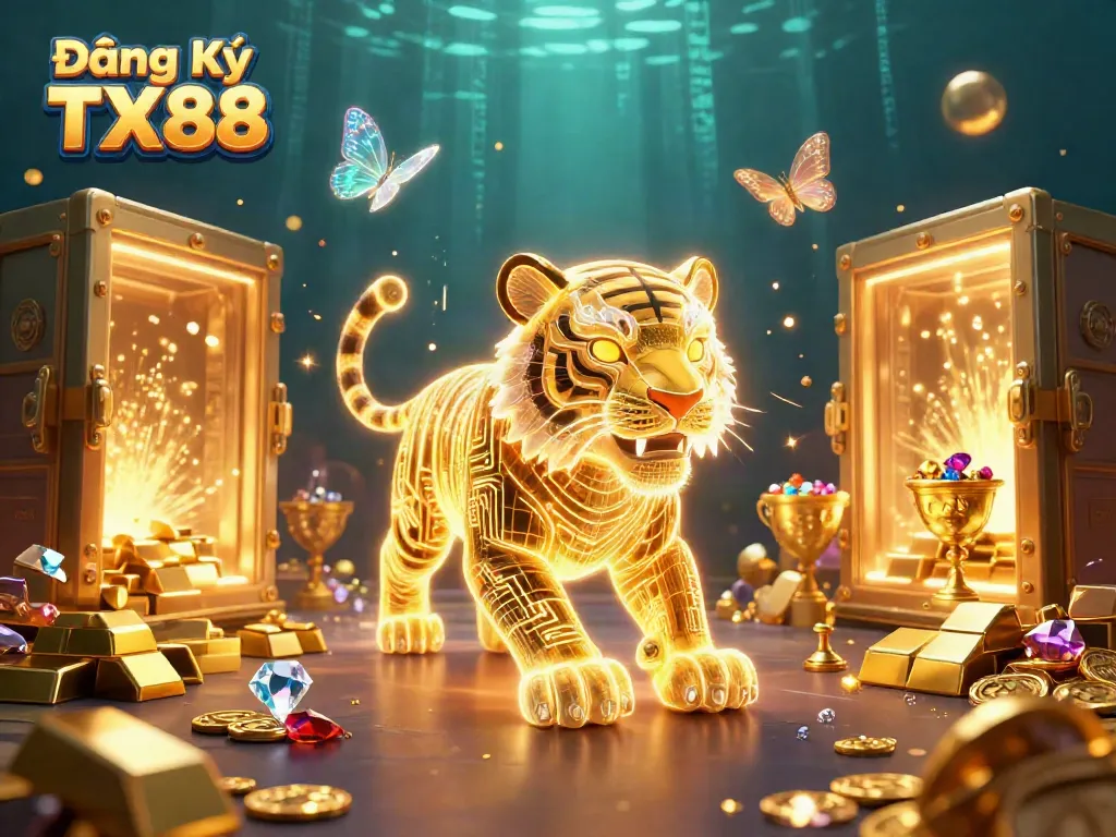 Experience Đăng Ký TX88 with a dynamic, colorful 3D casino scene filled with treasures and excitement.