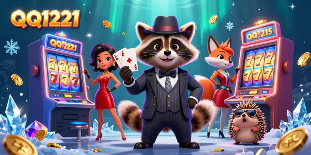Experience the excitement of QQ1221 slots with a raccoon, fox, and hedgehog in a colorful casino scene.