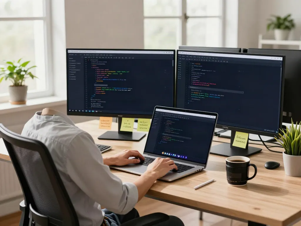 Developer using Brave browser in a modern tech workspace.