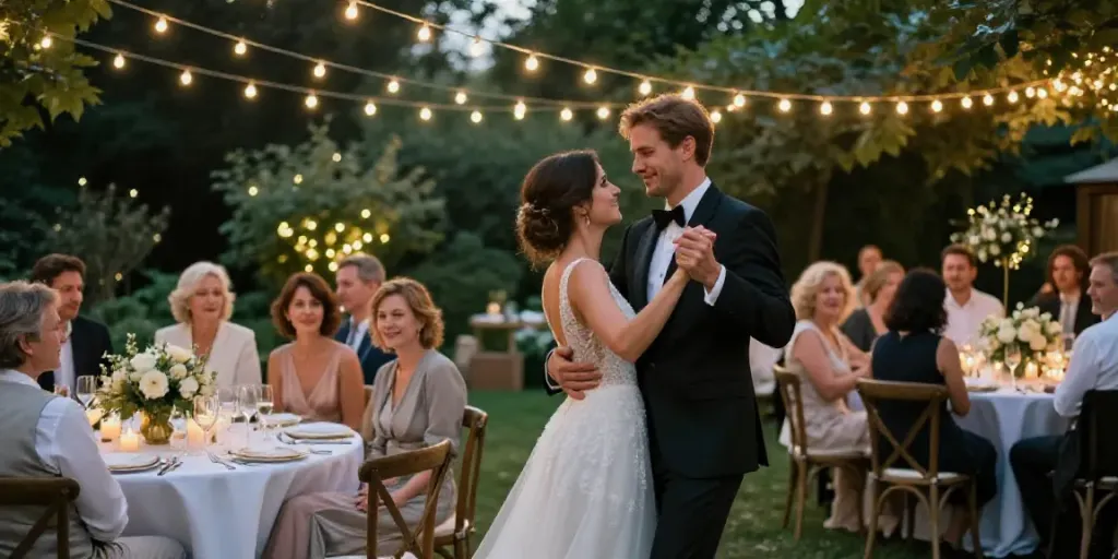Hochzeit DJ Berlin Brandenburg at a romantic outdoor wedding celebration with dancing couple and string lights.